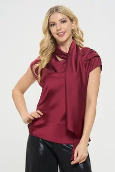 Satin Cowl Neck Short Sleeve Top with Scarf Detail