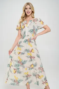 Lemon Print V neck Short Sleeve Tiered Dress