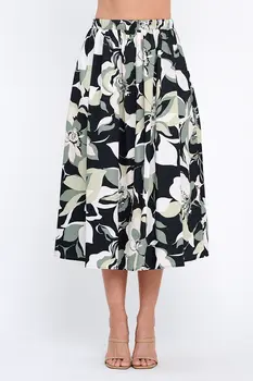 Cotton Floral Print Flowy Midi Skirt with Pockets