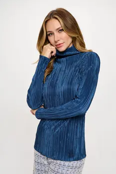 Plisse Long Sleeve Mock Neck Top