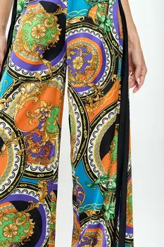 Stretch Satin Print Wide Leg Pants with Elastic Waist