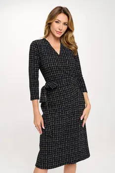 Plaid Knit 3/4 Sleeve V neck Dress with Tie