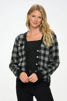 Checkered Knit Open Front Mini Cardigan with Buttons