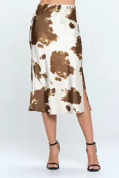 Satin Cow Print Midi Skirt with Slit