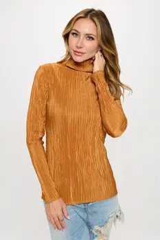 Plisse Long Sleeve Mock Neck Top