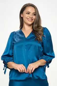 Stretch Satin Bold V neck Top with Tie Sleeve