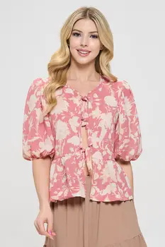 Floral Print Open Front Tie Detail with Puff Sleeve