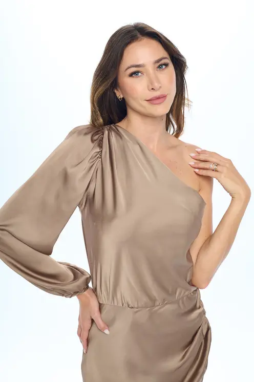 Satin One Shoulder Bodycon Dress w/ Asymmetric Hem