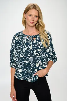 Flower Print V neck Top with 3/4 Sleeve and Tie