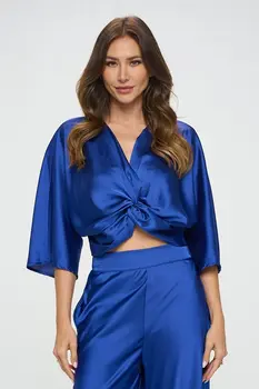 Satin Vibrant Short Sleeve Top with Front Twist