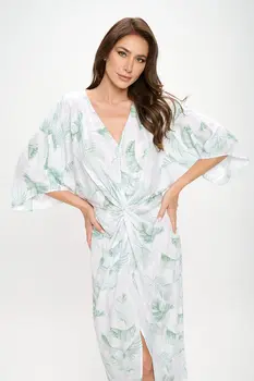 Tencel Tropical Leaf Print Kimono Style Dress with Front Twist