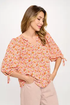 Floral Print V neck Top with Sleeve Tie