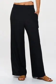 Solid Linen Wide Leg Pants with Pockets