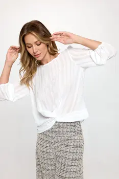Textured Sheer 3/4 Sleeve Top with Front Twist