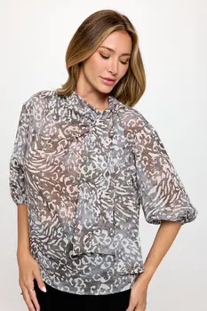 Abstract Print Sheer 3/4 Sleeve with Scarf Detail