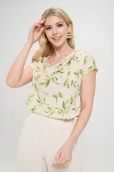 Print Linen Top with Cowl Neck