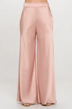 Stretch Satin Pants w/ Elastic Waist and Pockets