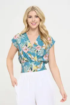 Floral Print V neck Crop Top w Smock Back Detail