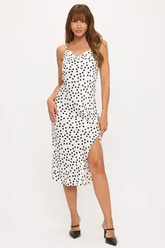 Satin Polka Dot Slip Dress with Slit