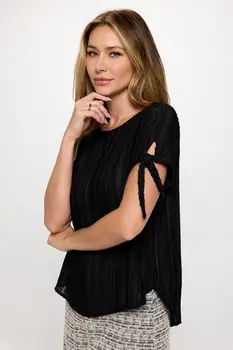 Textured Solid Short Sleeve Top with Tie Sleeve
