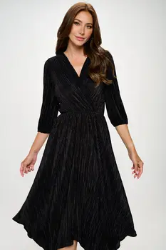 Plisse V neck Dress with Asymmetrical Hem