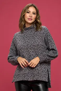 ANIMAL PRINT MOCK NECK SWEATSHIRT WITH SIDE SLIT