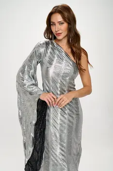 Metallic One Shoulder Bell Sleeve Maxi Dress