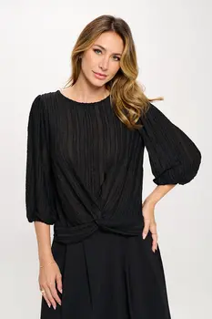 Textured Sheer 3/4 Sleeve Top with Front Twist