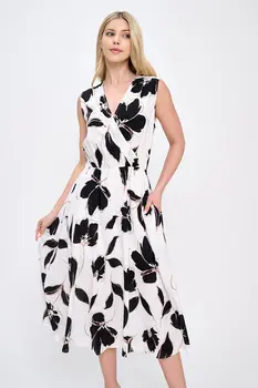 Linen Floral Print V neck Dress with Pockets