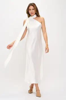 One Shoulder Satin Maxi Dress with Scarf Detail
