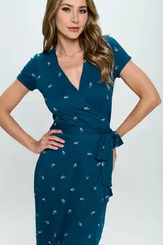 Floral Print V neck Jersey Wrap Dress with Tie