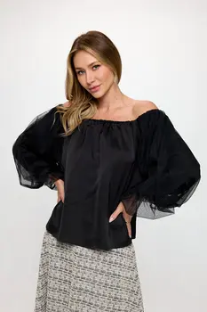 Solid Satin Front Versatile Top with Puff Sheer Sleeve