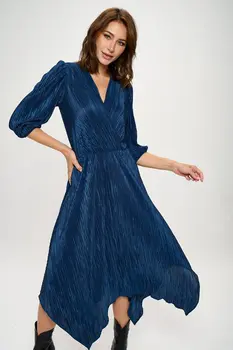 Plisse V neck Dress with Asymmetrical Hem