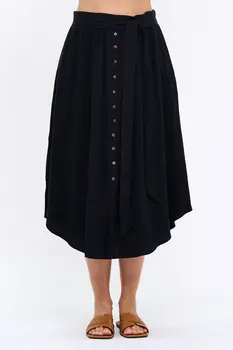 Linen Solid Midi Skirt with Curved Hem and Buttons