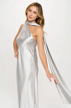 One Shoulder Satin Maxi Dress with Scarf Detail