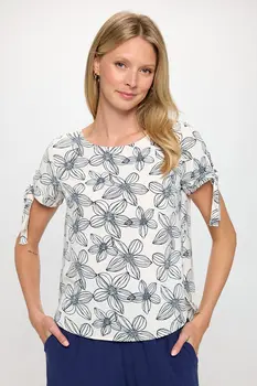 Floral Print Short Sleeve Top with Tie Sleeve