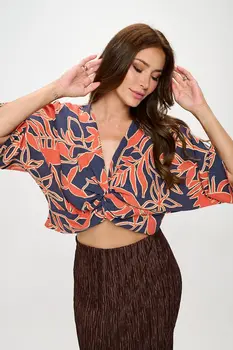 Print Mid Sleeve Top with Front Twist