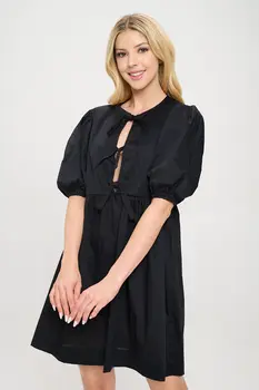 Cotton Puff Sleeve Dress with Front Tie Detail