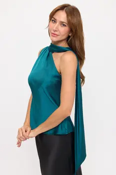 One Shoulder Satin Top w Scarf Detail