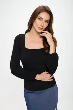 Square neck Rib Knit Long Sleeve Top