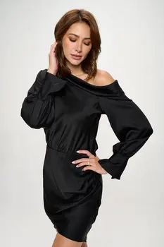 Satin Off Shoulder Ruched Asymmetrical Hem Dress with Slit Cuff