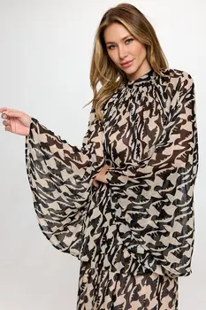 Print Sheer Long Bell Sleeve Top with Back Tie Detail