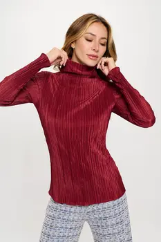 Plisse Long Sleeve Mock Neck Top