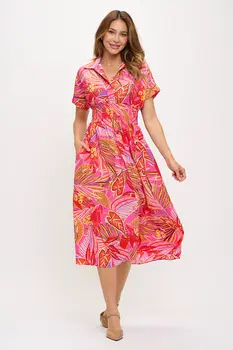 Tropical Print V neck Collared Dress with Smock Waist Detail