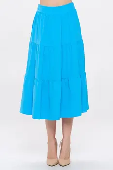 Solid Tiered Midi Skirt with Pockets