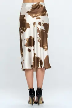 Satin Cow Print Midi Skirt with Slit