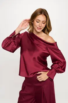 Dropped Shoulder Long Sleeve Satin Top