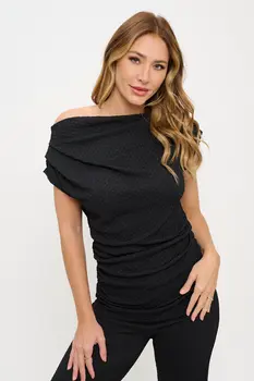 Textured Off the Shoulder Top with Ruched Detail