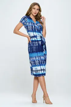Print V neck Jersey Wrap Dress with Tie