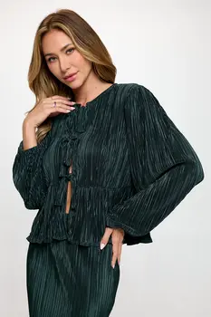 Plisse Long Puff Sleeve Top with Open Front Tie Detail